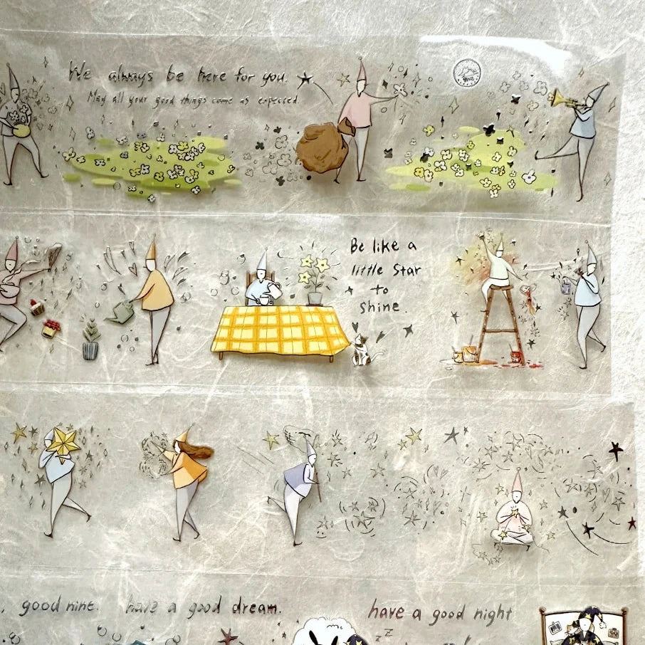 Illustrated artwork with various characters and text on a textured background