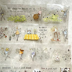 Illustrated artwork with various characters and text on a textured background