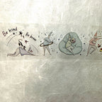 Cartoon characters with motivational text 'Be kind' and 'Be brave' on a textured background.