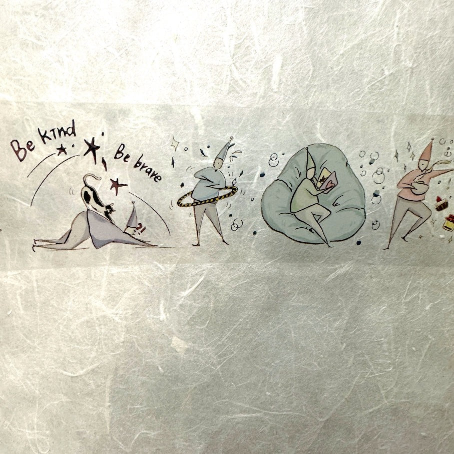 Cartoon characters with motivational text 'Be kind' and 'Be brave' on a textured background.