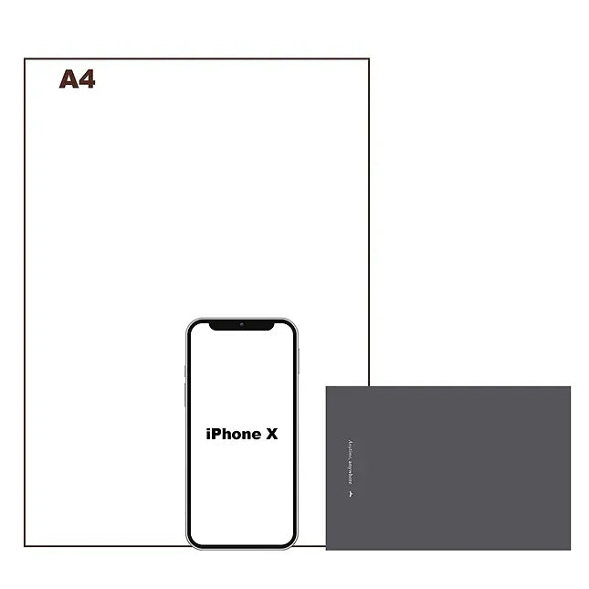 Size comparison graphic showing the compact grey Anytime Anywhere Journal beside an iPhone X and an A4 sheet