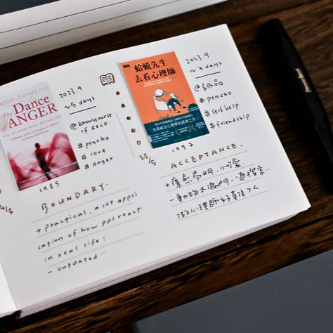 Anytime Anywhere Journal spread filled with handwritten notes and pasted images, overhead view on a wooden surface