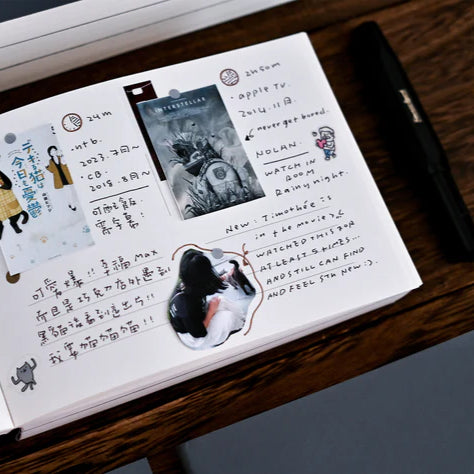 Decorated Anytime Anywhere Journal page layered with stickers and handwritten planning notes, flat lay on wood