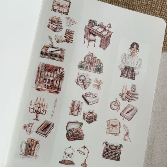 Sheet of illustrated stickers featuring various objects and a person on a white background.