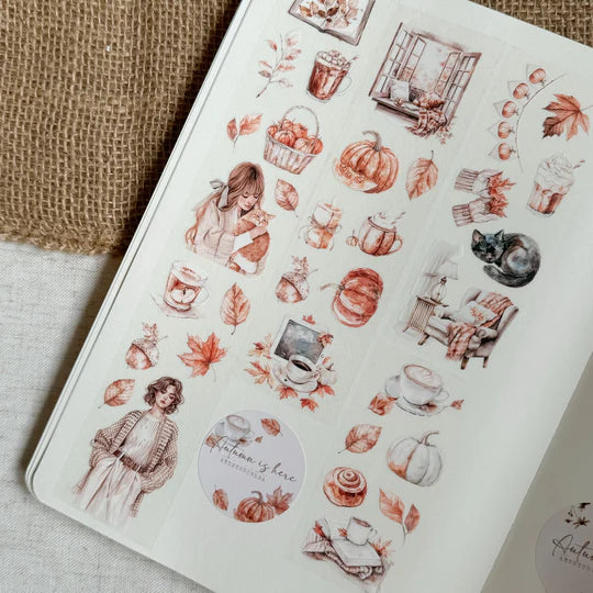 Autumn Is Here PET Tape by ArtStudioLea with warm fall illustrations laid on a textured surface