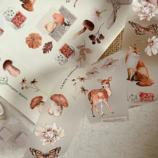 Sheet of Autumnal PET Tape autumn nature illustrations with animals and plants on a textured backdrop