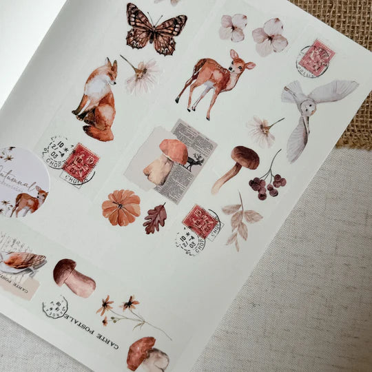 Autumnal PET Tape nature stickers featuring woodland animals, plants and stamp motifs, flat lay view