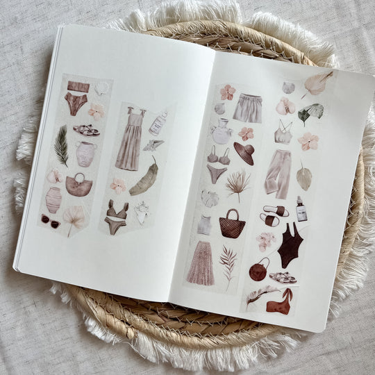 Boho Summer PET Tape by ArtStudioLea styled on an open book with illustrated summer fashion designs