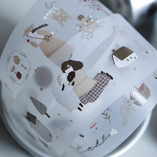 At The Farm PET Tape sticker sheet with a woman, farmhouse and rural elements on white