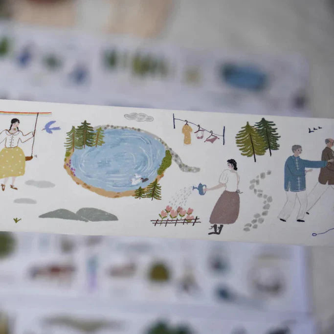 At The Park Washi Tape strip featuring a pond, trees and people in an illustrated park scene