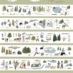 Illustrated border strip with people and nature scenes on a white background