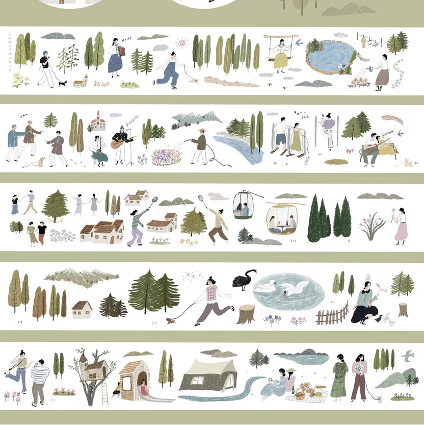 At The Park Washi Tape illustrated border strip of park life on a white background