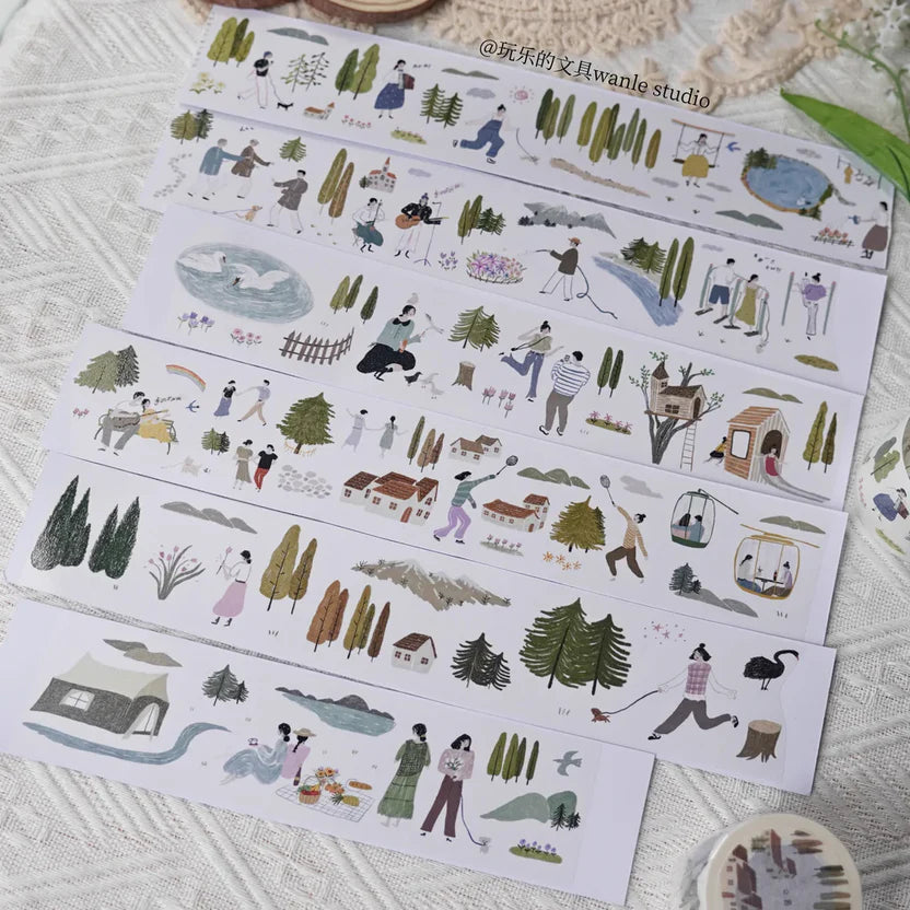 Set of At The Park Washi Tape illustrated strips laid out together on a textured surface