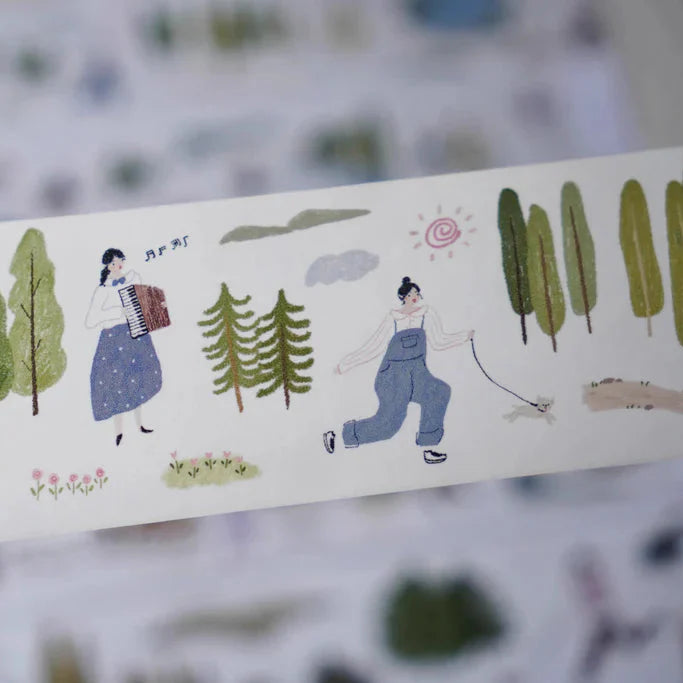 Decorative tape with illustrations of people and nature on a blurred background