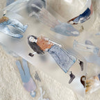 Collage of a person lying on a beach with blue water and white sand.