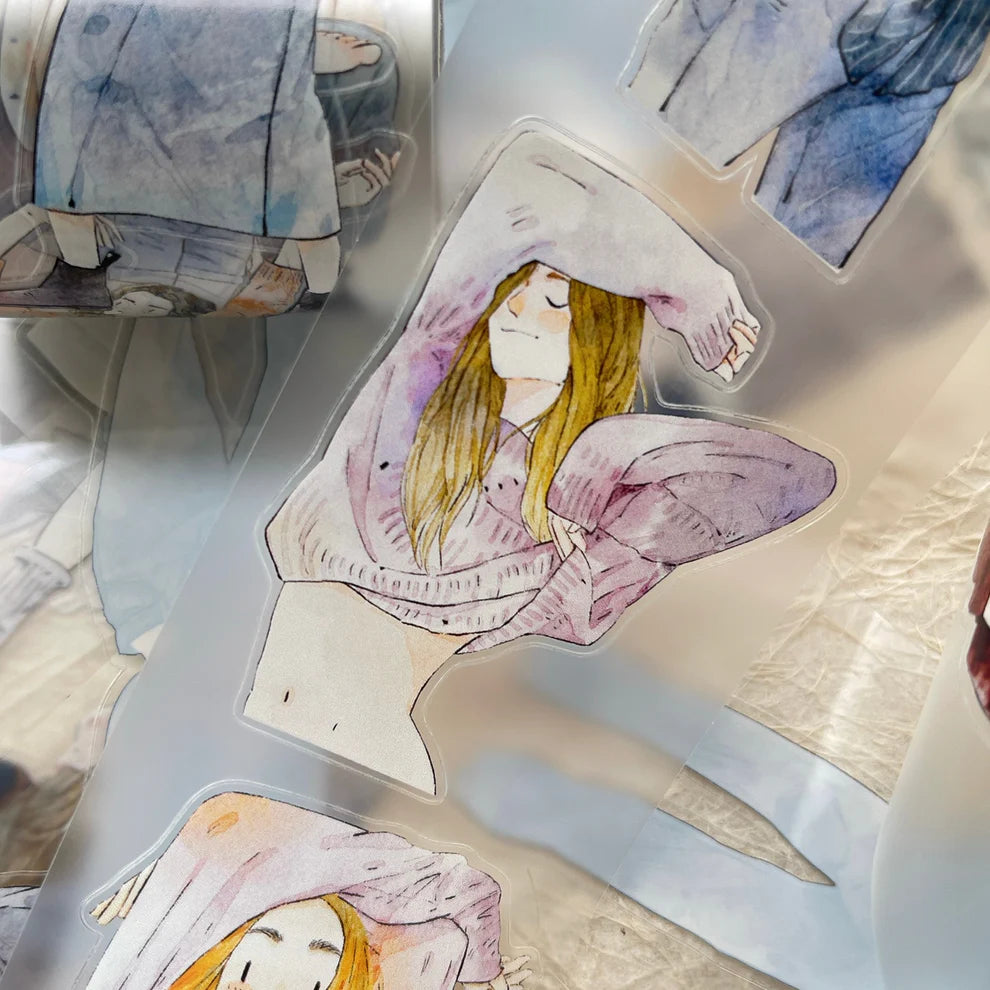 Autumn Day 39 PET Tape pink-outfit figure with long hair displayed on a textured surface