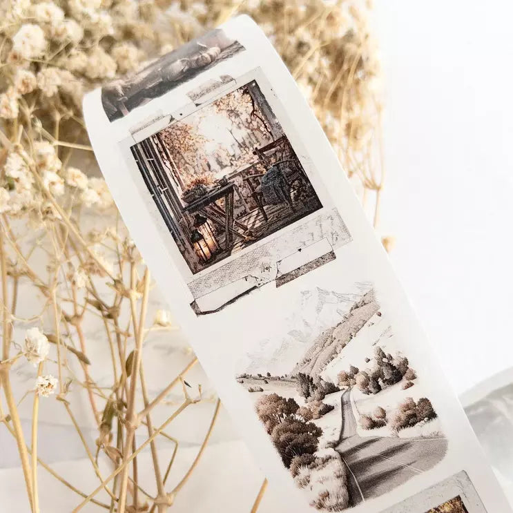 Autumn Scenes Washi Tape artfully styled as a polaroid photo strip on a light background