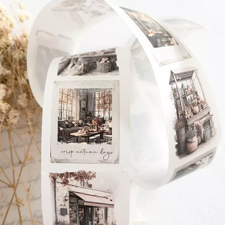 Roll of Autumn Scenes Washi Tape with black and white imagery on a white backdrop