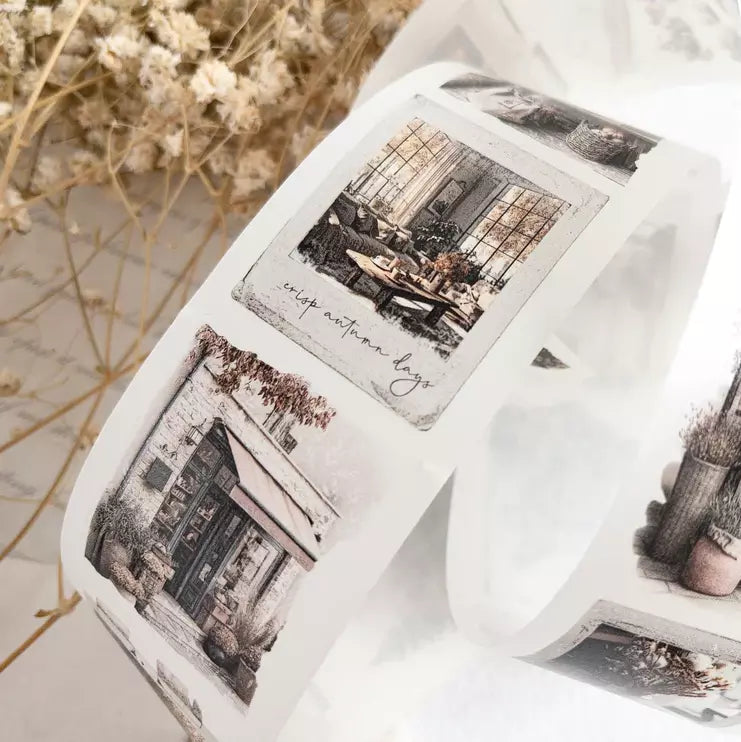 Roll of Autumn Scenes Washi Tape monochrome landscape designs on a light surface