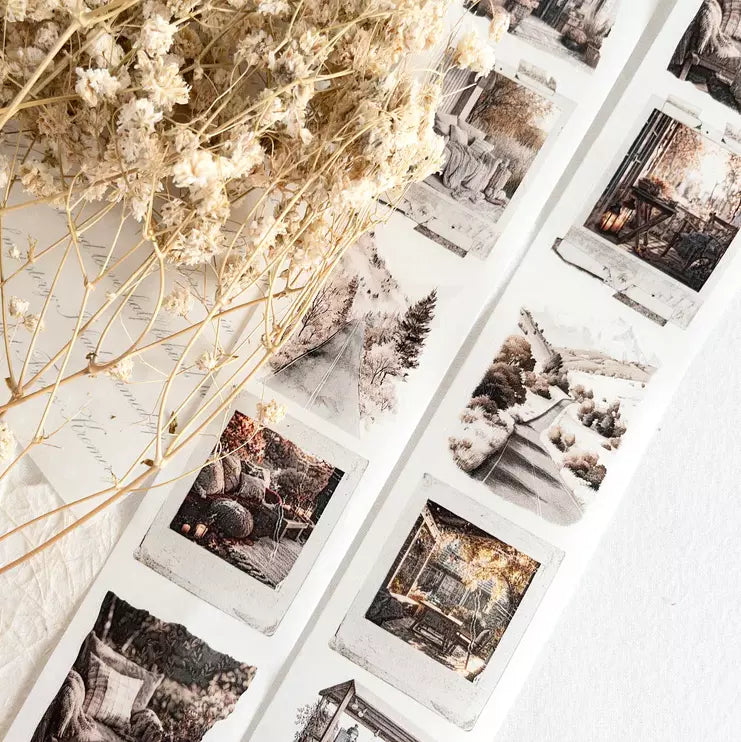 Autumn Scenes Washi Tape photo collage laid on white with dried flowers around, styled detail view