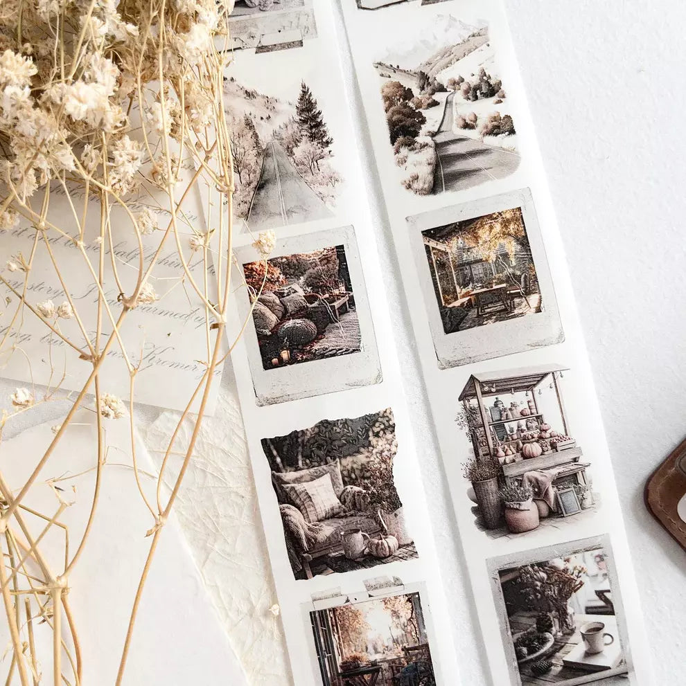 Autumn Scenes Washi Tape monochrome photos with deco elements on a textured surface