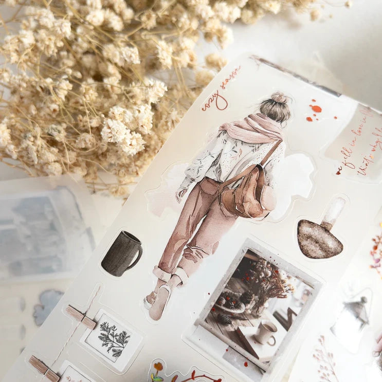 Autumn's Pause PET Tape sticker sheet with a woman and objects styled with dried flowers