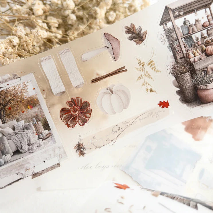 Autumn's Pause PET Tape fall stationery elements on white with a blurred natural backdrop