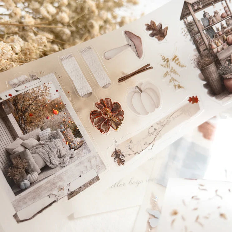 Autumn's Pause PET Tape cozy pumpkin, leaf and blanket scene illustrations, styled view