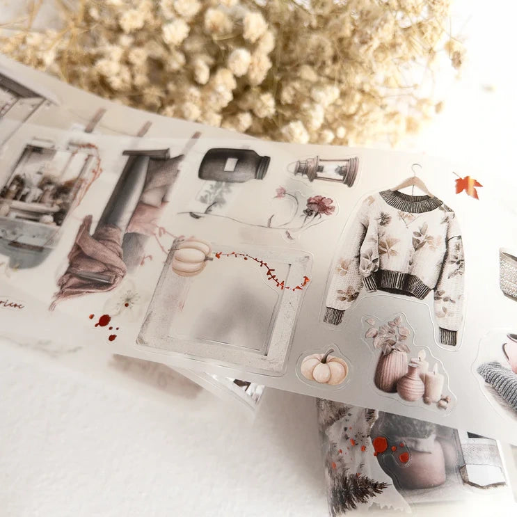Autumn's Pause PET Tape fashion collage styled on a magazine with a soft floral backdrop