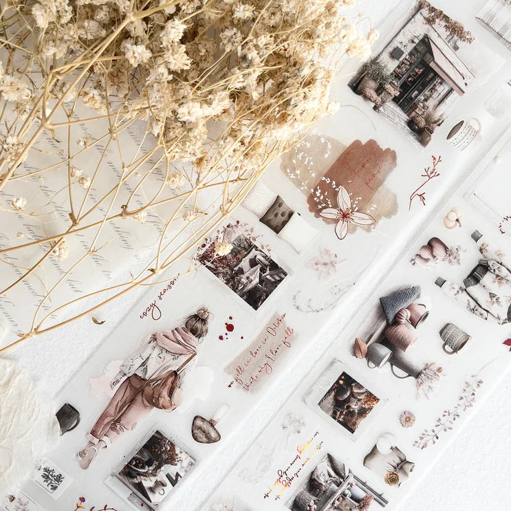 Collage of fashion-themed stickers with floral elements on a white surface.