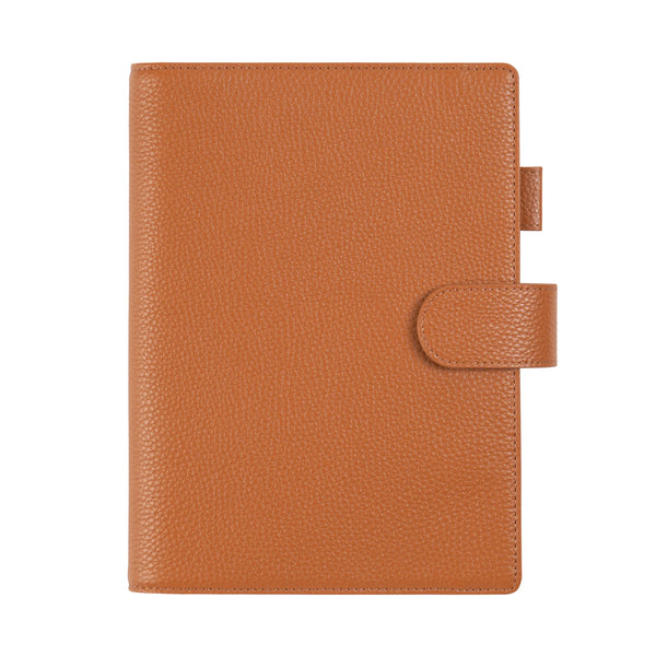 Elite Planner Cover A5 by Moterm — tan pebbled-leather planner cover with snap closure, for journaling