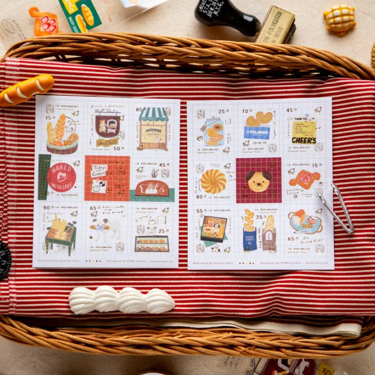 Illustrated menu on a red and white striped tablecloth with wicker basket and decorative items.
