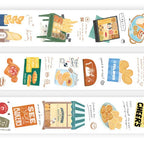 Illustrations of various food packaging and scenes on a white background