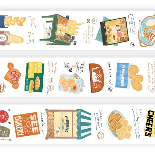 Bakery Cheer's PET Tape food packaging and scene illustrations on a white background