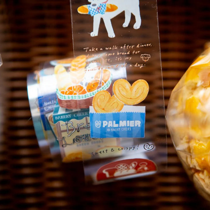 Bakery Cheer's PET Tape dog illustration styled on a snack package with a clear window