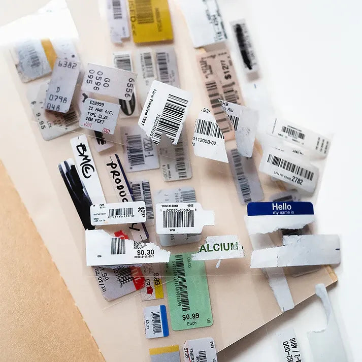 Collection of various barcode labels on a flat surface