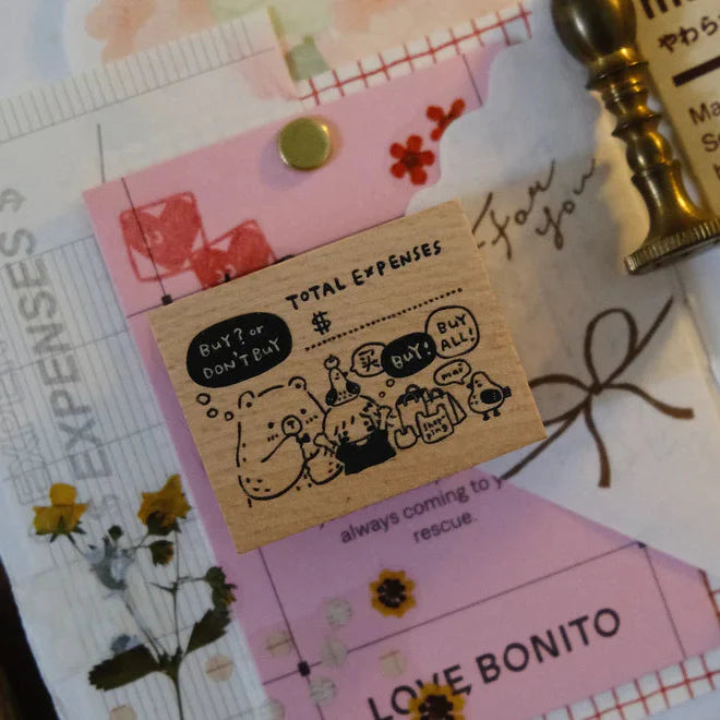Wooden Bear and Girl Buy or Bye Rubber Stamp displayed on a decorative background, close-up