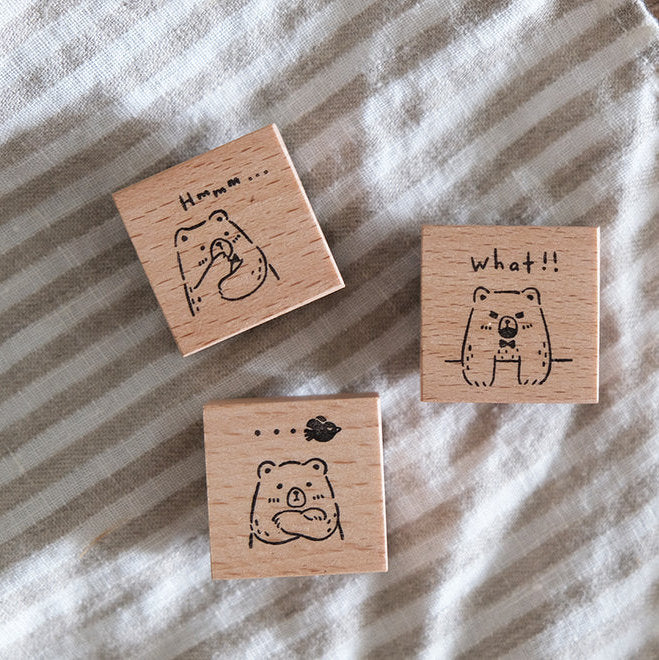 Three Beary Ordinary Days 03 rubber stamps with expressive bear illustrations on striped fabric