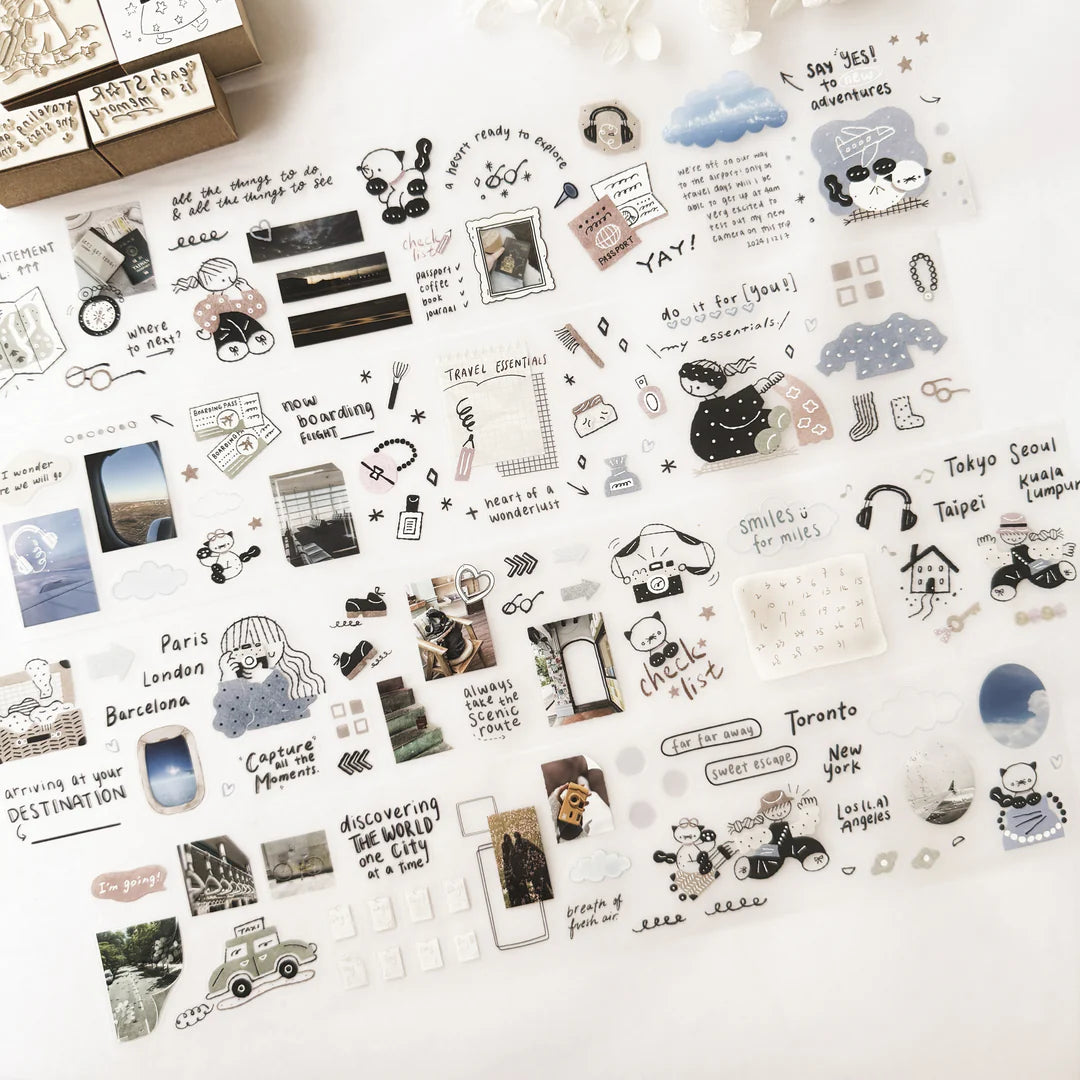 Before Trip PET Tape collection of travel planning sticker designs on a white background