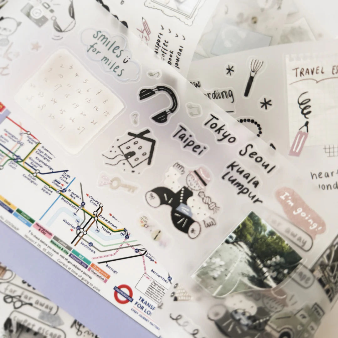 Before Trip PET Tape travel postcard-style designs with text, overhead styled product view