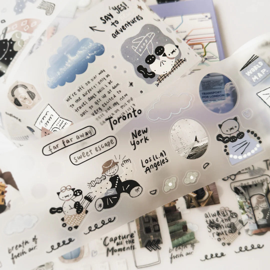 Before Trip PET Tape travel-themed sticker designs laid out on a white background
