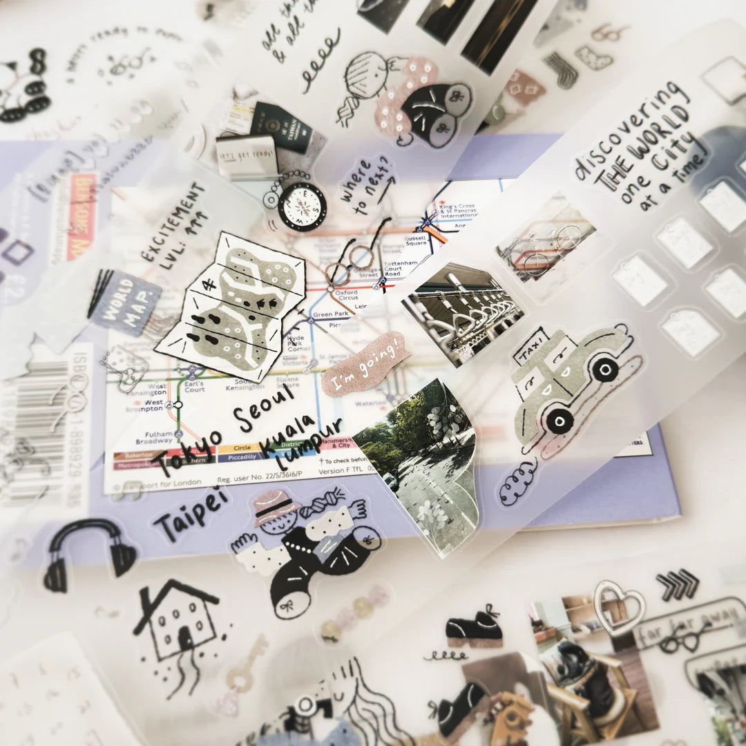 Second layout of Before Trip PET Tape travel sticker designs on a white backdrop