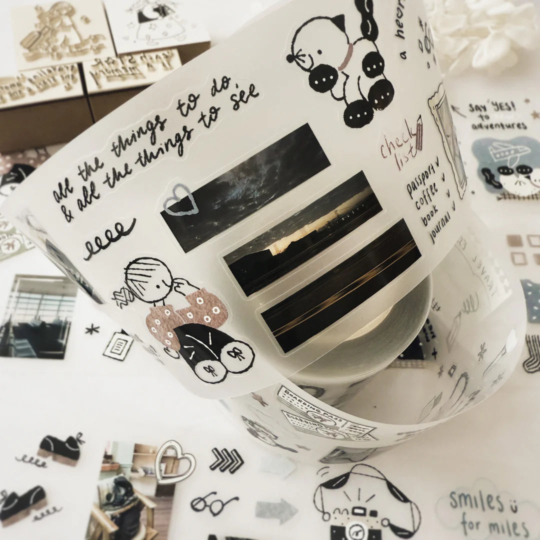 Before Trip PET Tape black and white sticker designs shown on a patterned background