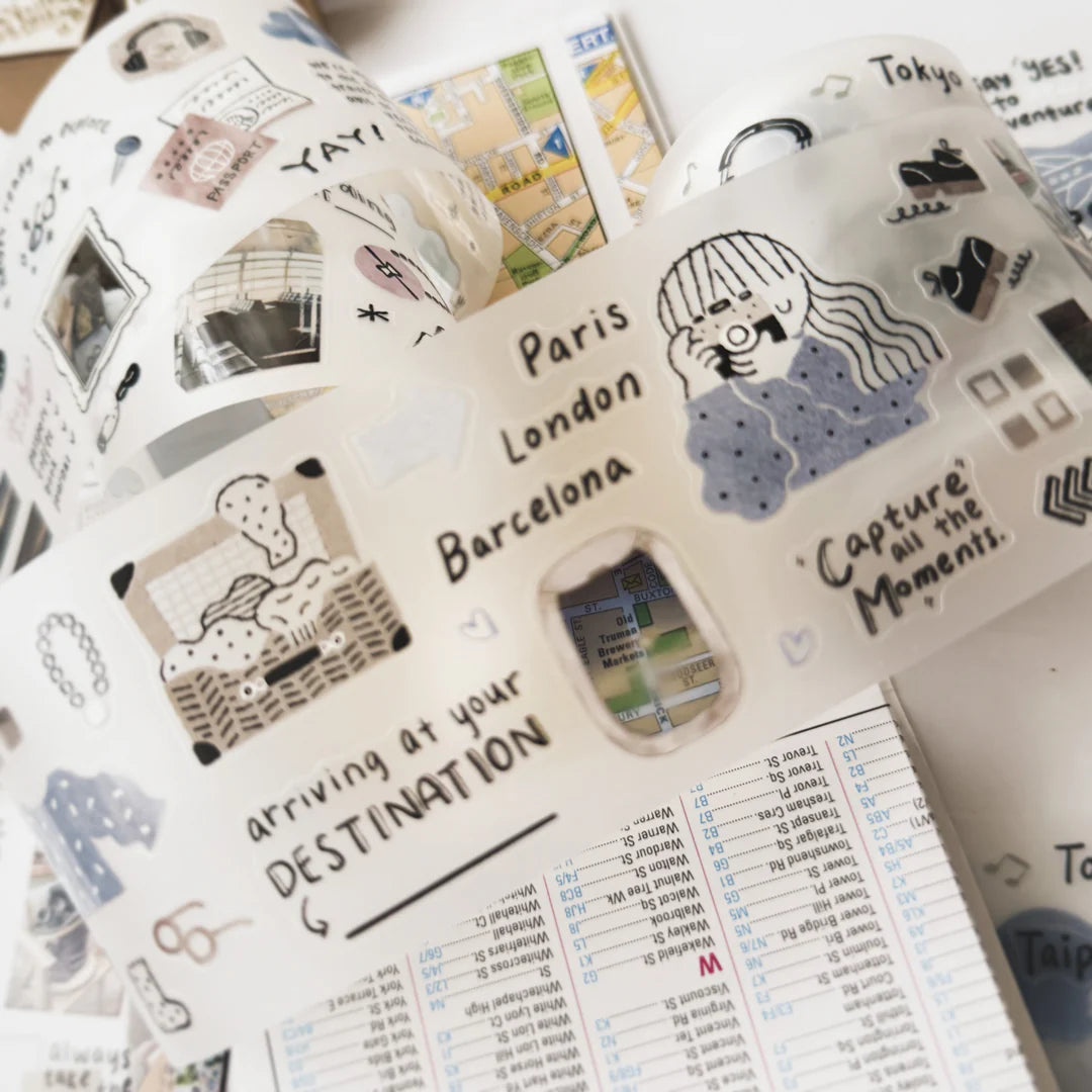 Planner page decorated with Before Trip PET Tape travel-themed stickers, detail view