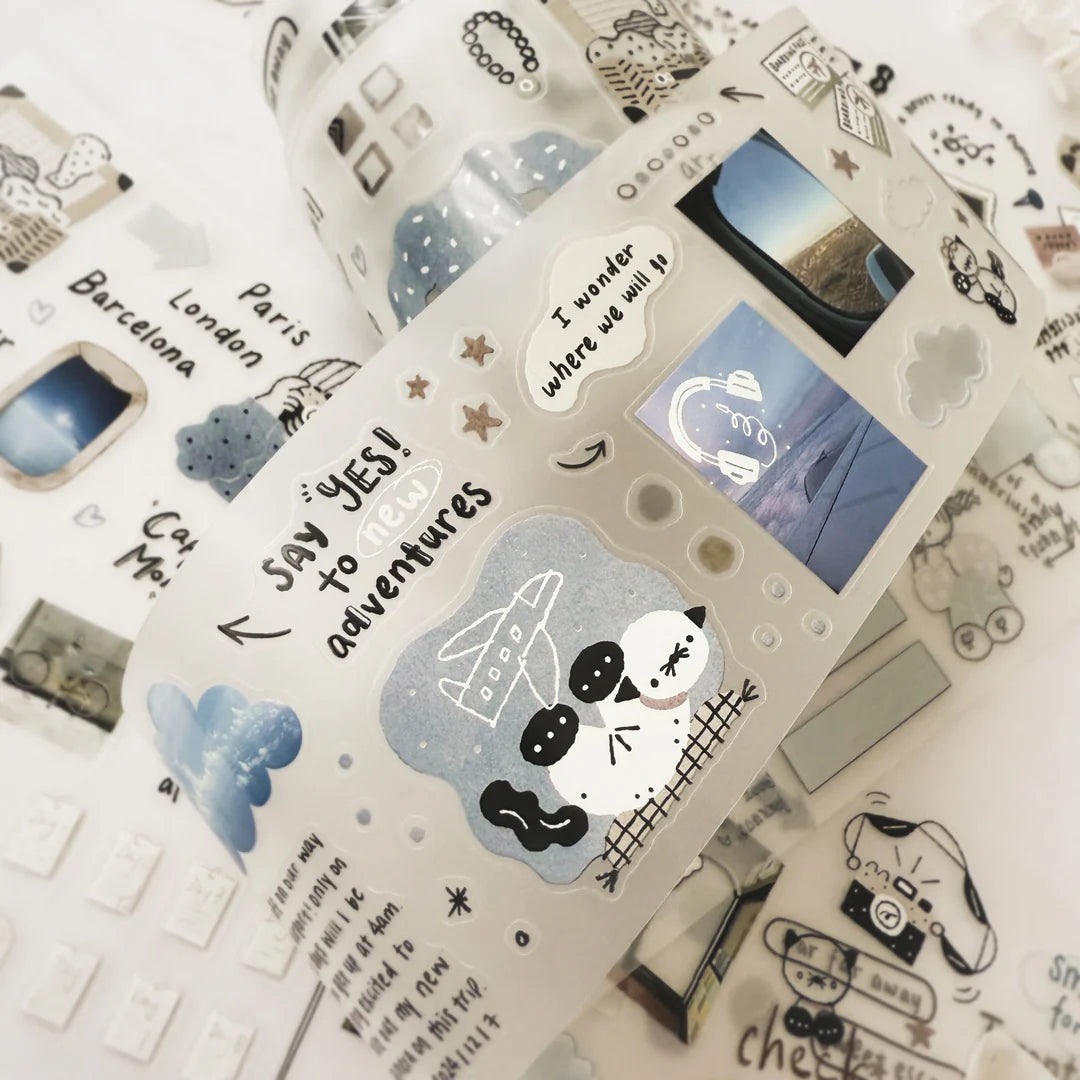 Before Trip PET Tape travel stickers and text styled on paper on a white backdrop