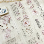 Sheet of floral and text design with pink flowers on a textured background