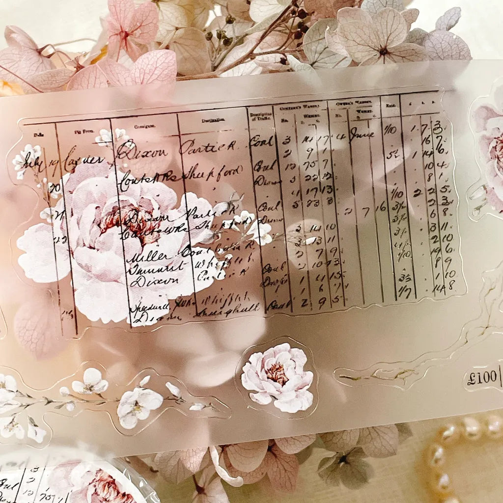 Decorative Blooming Archive PET Tape sheet with florals and text on a floral background