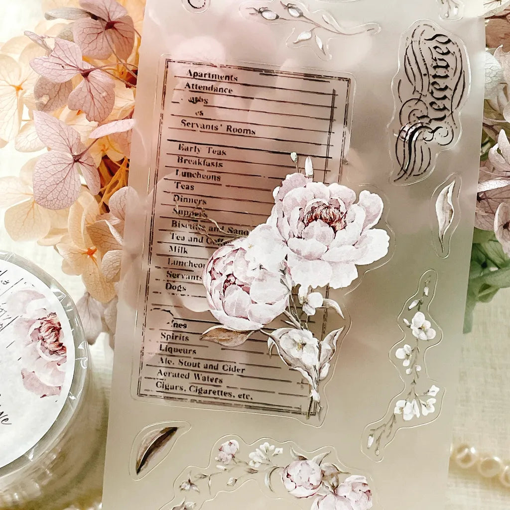 Decorative menu styled with Blooming Archive PET Tape floral elements and text overlay
