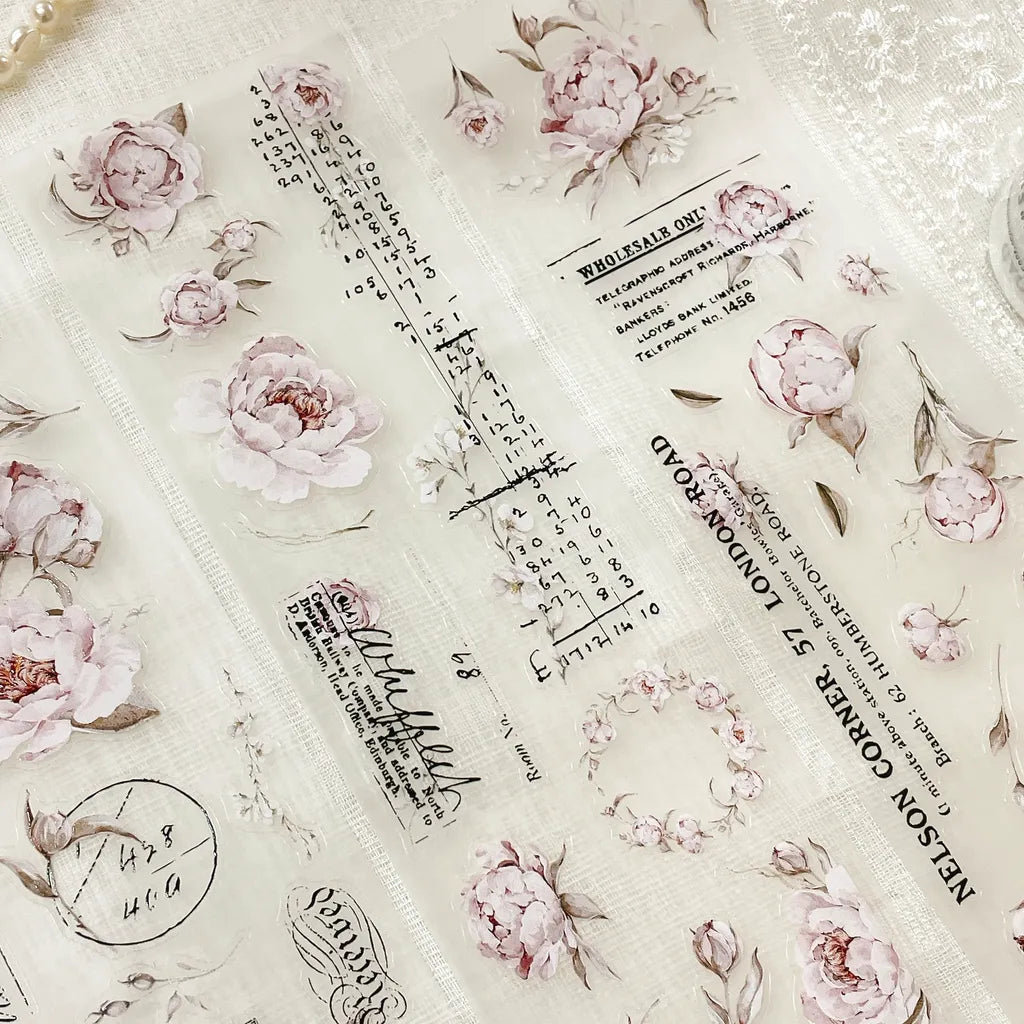 Second sheet of Blooming Archive PET Tape floral designs and text on a light background