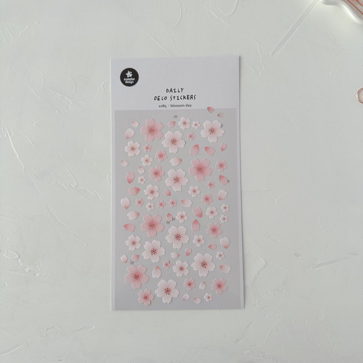Blossom Day Sticker Sheet by Suatelier, floral stickers with pink flowers on a white background